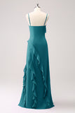 Dusty Sage Ruffle Spaghetti Straps Bridesmaid Dress with Slit