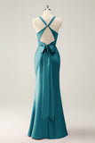 Peacock Mermaid Satin Bridesmaid Dress with Bow