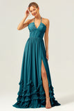 Peacock Halter Ruffled Chiffon Corset Bridesmaid Dress with Slit