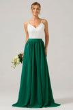 Pine A-Line Spaghetti Straps Pleated Long Bridesmaid Dress With Lace