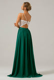 Pine A-Line Spaghetti Straps Pleated Long Bridesmaid Dress With Lace