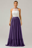 Pine A-Line Halter Pleated Keyhole Chiffon Bridesmaid Dress With Lace