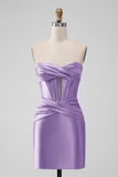 Purple Strapless Pleated Satin Corset Short Prom Dress