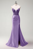 Glitter Sage Mermaid Beaded Corste Satin Prom Dress with Slit