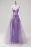 Blue Corset Applique Tulle A-Line Prom Dress with Beading