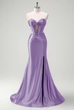 Sage Strapless Mermaid Corset Keyhole Satin Prom Dress with Slit