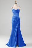 Fuchsia Mermaid Spaghetti Straps Corset Prom Dress with Split Front