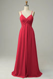 Red Pleated A-Line Floor Length Bridesmaid Dress