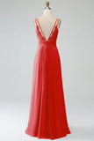 A-Line Pleated Spaghetti Straps Chiffon Bridesmaid Dress With Slit