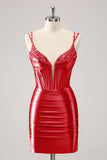 Red Corset Boning Tight Short Prom Dress with Sequins