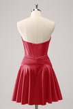 Burgundy A Line Sweetheart Strapless Keyhole Satin Prom Dress