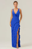 Terracotta V Neck Ruffled Sheath Flower Bridesmaid Dress with Slit