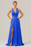 Royal Blue A Line Satin Bridesmaid Dress with Criss Cross Back