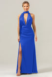 Royal Blue Sheath V-Neck Backless Satin Bridesmaid Dress with Slit