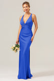 Eucalyptus Mermaid V Neck Satin Bridesmaid Dress