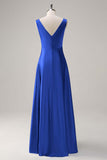 Dusty Blue V-Neck Satin A-Line Long Bridesmaid Dress