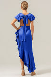 Eucalyptus V Neck Satin Ruffled Sheath Bridesmaid Dress with Slit