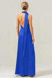 Royal Blue Sheath V-Neck Backless Satin Bridesmaid Dress with Slit