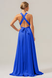 Royal Blue A Line Satin Bridesmaid Dress with Criss Cross Back