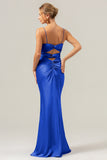 Champagne Spaghetti Straps Satin Mermaid Bridesmaid Dress with Hollow-Out Back