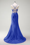 Glitter Sage Mermaid Beaded Corste Satin Prom Dress with Slit