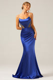 Dusty Blue Mermaid Satin Spaghetti Straps Long Bridesmaid Dress