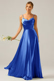 Dusty Blue A Line Cowl Neck Bridesmaid Dress with Sequins