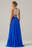 Pine A-Line Halter Pleated Keyhole Chiffon Bridesmaid Dress With Lace