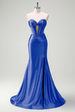 Sage Strapless Mermaid Corset Keyhole Satin Prom Dress with Slit