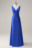 Dusty Blue V-Neck Satin A-Line Long Bridesmaid Dress