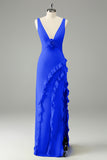 Peacock V Neck Ruffled Sheath Wedding Guest Dress with Slit