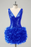 Sparkly Navy V Neck Sequins Prom Dress with Detachable Ruffles