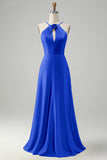 Terracotta Halter Keyhole Backless A Line Bridesmaid Dress with Flower