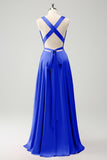 Royal Blue V-Neck Lace Up A Line Bridesmaid Dress with Slit