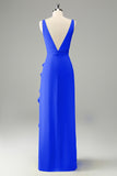 Peacock V Neck Ruffled Sheath Wedding Guest Dress with Slit