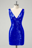 Sparkly Navy V Neck Sequins Prom Dress with Detachable Ruffles