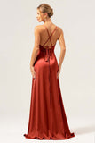 Martini A-Line Spaghetti Straps Satin Bridesmaid Dress with Slit