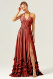 Peacock Halter Ruffled Chiffon Corset Bridesmaid Dress with Slit