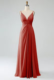 A-Line Pleated Spaghetti Straps Chiffon Bridesmaid Dress With Slit