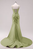 Sage Mermaid Spaghetti Straps Corset Sequin Satin Prom Dress with Slit