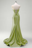 Sage Strapless Mermaid Corset Keyhole Satin Prom Dress with Slit