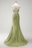 Glitter Sage Mermaid Beaded Corste Satin Prom Dress with Slit