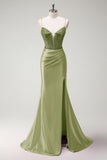 Glitter Sage Mermaid Beaded Corste Satin Prom Dress with Slit