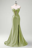 Sage Strapless Mermaid Corset Keyhole Satin Prom Dress with Slit