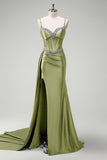 Sparkly Sage Sequined Mermaid Satin Prom Dress with Side Cape