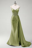 Sage Beaded Corset Side Cape Mermaid Satin Prom Dress with Slit