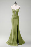 Gorgeous Sage Mermaid Corset Beaded Keyhole Satin Prom Dress with Slit