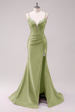 Sage Mermaid Spaghetti Straps Corset Sequin Satin Prom Dress with Slit