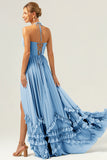 Peacock Halter Ruffled Chiffon Corset Bridesmaid Dress with Slit