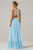 Silver A-Line Halter Pleated Keyhole Chiffon Bridesmaid Dress With Lace